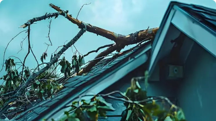 Roof of a house damaged by fallen tree